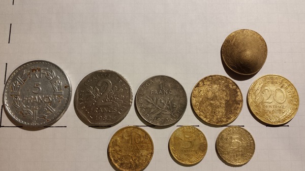5 Francs 1947, 2 1982, 1 1973, 20 cts 1967 1988, dead (plombée)1976?, 10 Francs 1958, 5 cts 1965, 1993