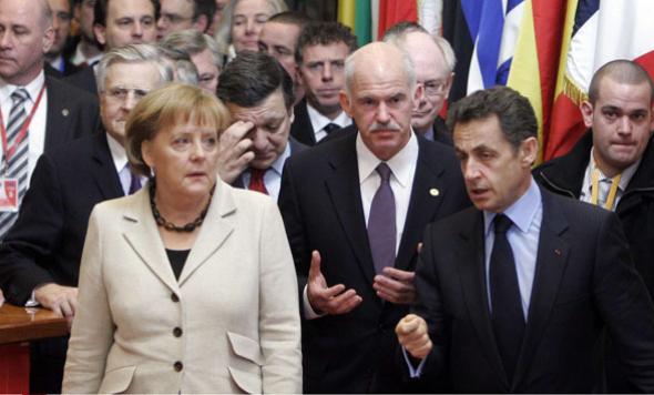 Angela Market, Nicolas Sarkozy et George Papandreou lros d'un sommet pour le sauvetage de la Grèce