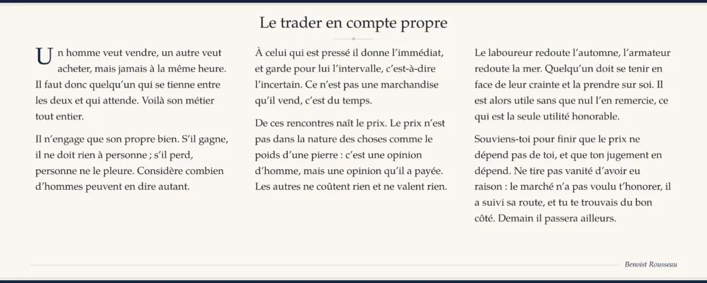 Bannière titrée « Le trader en compte propre » avec un texte en trois colonnes
