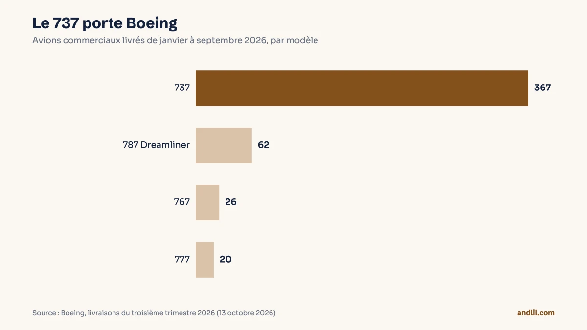 Barres des livraisons de Boeing sur les neuf premiers mois de 2026 : 367 avions 737, 62 Dreamliner 787, 26 avions 767 et 20 avions 777.
