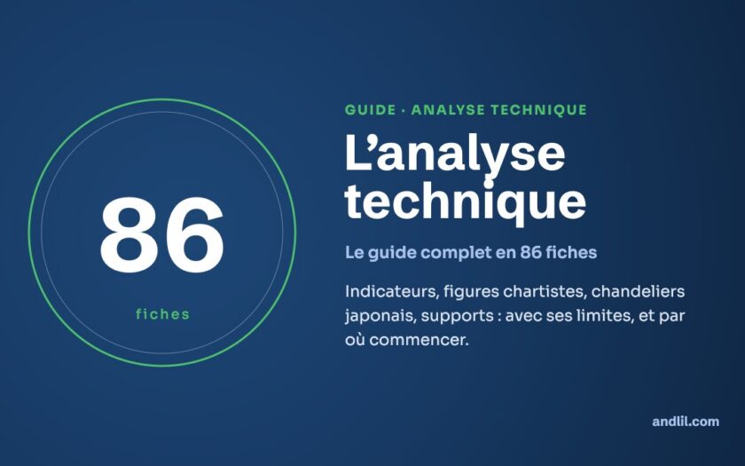 Couverture du guide de l’analyse technique d’andlil.com : le guide complet en 86 fiches, indicateurs, figures chartistes, chandeliers japonais et supports.
