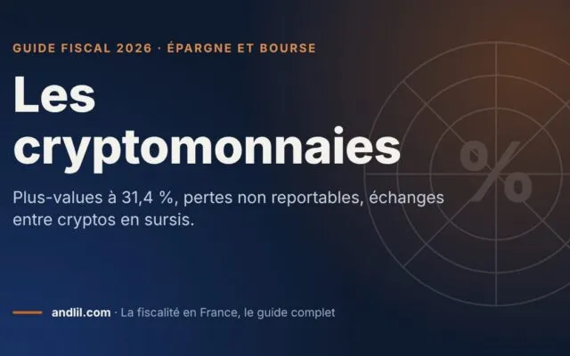 Les cryptomonnaies, fiche du guide fiscal 2026 d’andlil sur fond bleu nuit