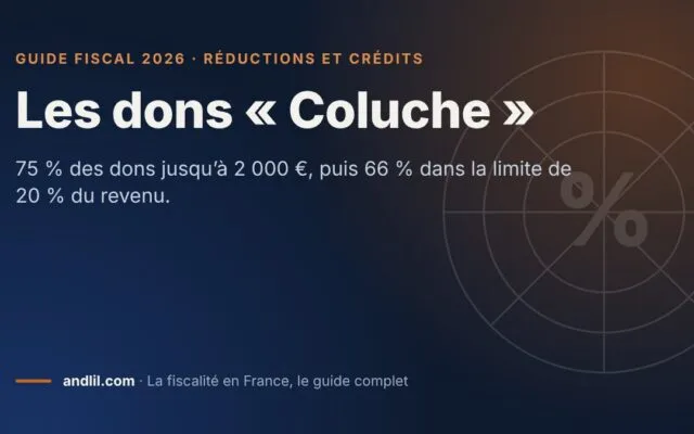 Les dons « Coluche », fiche du guide fiscal 2026 d’andlil sur fond bleu nuit