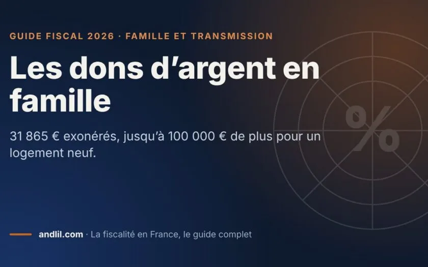 Les dons d’argent en famille, fiche du guide fiscal 2026 d’andlil sur fond bleu nuit