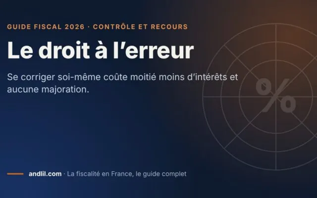 Le droit à l’erreur, fiche du guide fiscal 2026 d’andlil sur fond bleu nuit