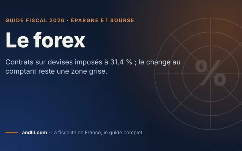 Le forex, fiche du guide fiscal 2026 d’andlil sur fond bleu nuit