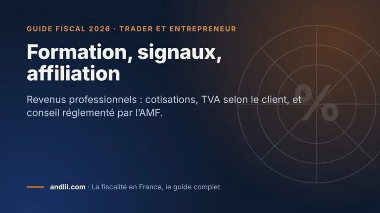 Formation, signaux, affiliation, fiche du guide fiscal 2026 d’andlil sur fond bleu nuit