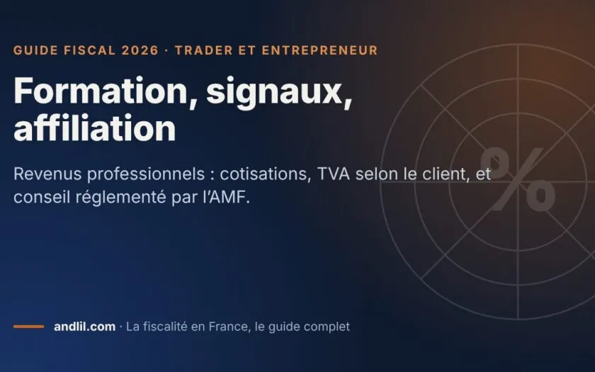 Formation, signaux, affiliation, fiche du guide fiscal 2026 d’andlil sur fond bleu nuit