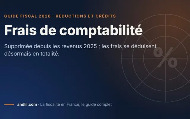 Frais de comptabilité, fiche du guide fiscal 2026 d’andlil sur fond bleu nuit