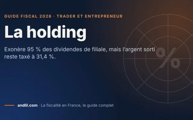 La holding, fiche du guide fiscal 2026 d’andlil sur fond bleu nuit