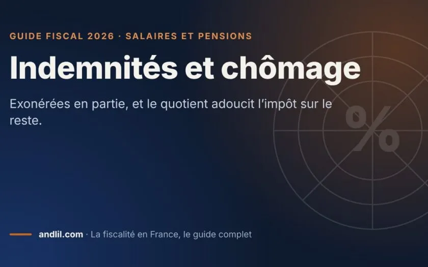 Indemnités et chômage, fiche du guide fiscal 2026 d’andlil sur fond bleu nuit