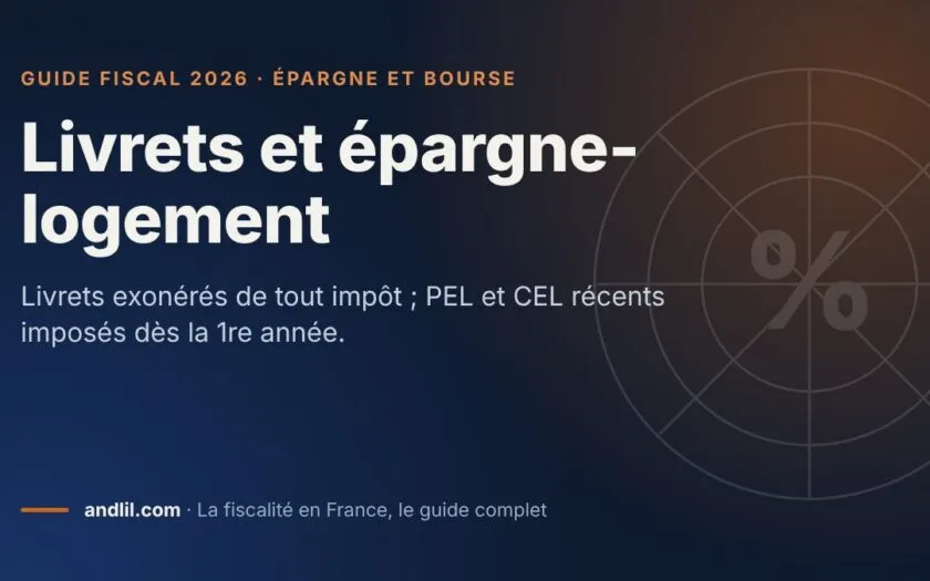 Livrets et épargne-logement, fiche du guide fiscal 2026 d’andlil sur fond bleu nuit