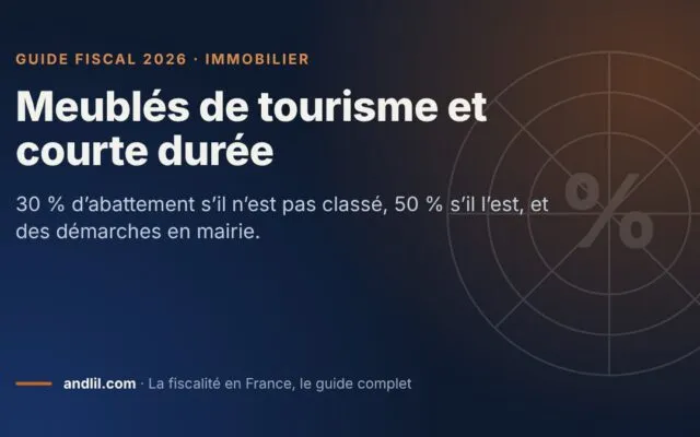 Meublés de tourisme et courte durée, fiche du guide fiscal 2026 d’andlil sur fond bleu nuit