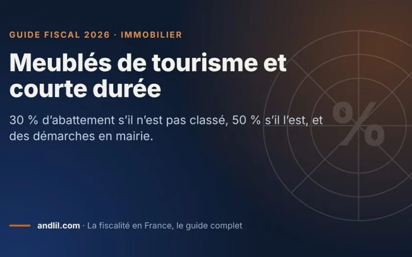 Meublés de tourisme et courte durée, fiche du guide fiscal 2026 d’andlil sur fond bleu nuit