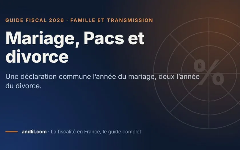 Mariage, Pacs et divorce, fiche du guide fiscal 2026 d’andlil sur fond bleu nuit