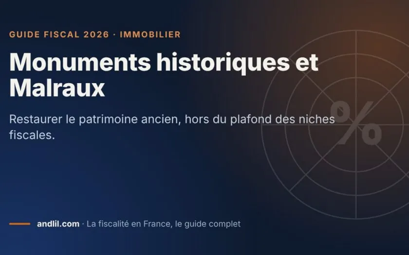 Monuments historiques et Malraux, fiche du guide fiscal 2026 d’andlil sur fond bleu nuit
