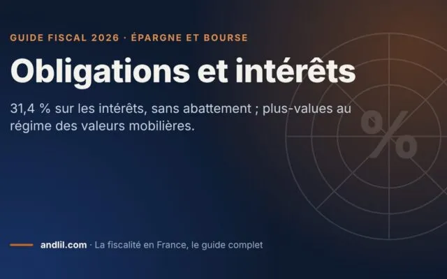 Obligations et intérêts, fiche du guide fiscal 2026 d’andlil sur fond bleu nuit