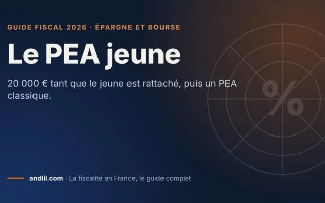 Le PEA jeune, fiche du guide fiscal 2026 d’andlil sur fond bleu nuit