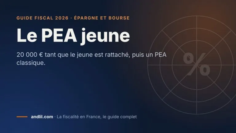 Le PEA jeune, fiche du guide fiscal 2026 d’andlil sur fond bleu nuit
