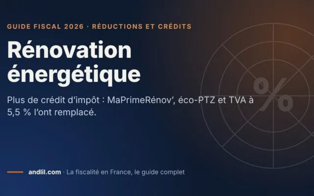 Rénovation énergétique, fiche du guide fiscal 2026 d’andlil sur fond bleu nuit