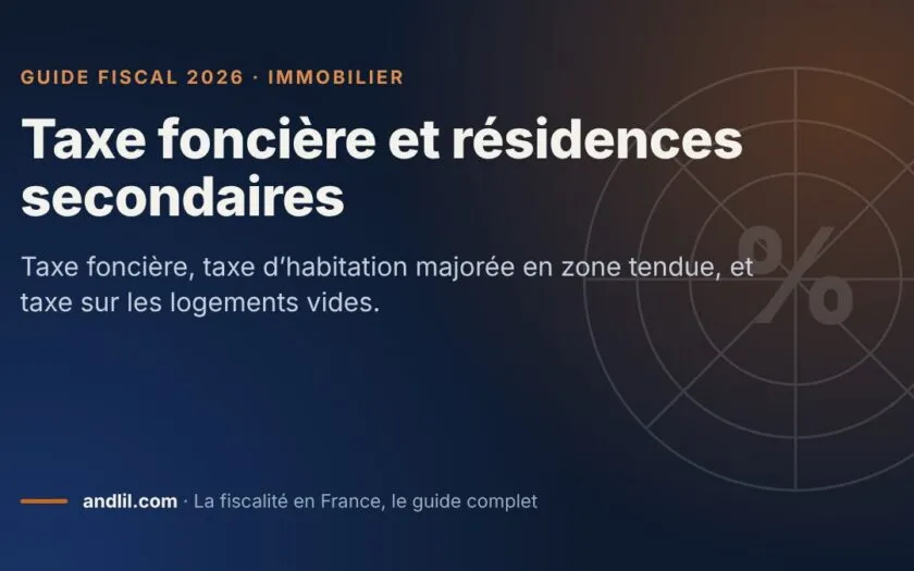 Taxe foncière et résidences secondaires, fiche du guide fiscal 2026 d’andlil sur fond bleu nuit