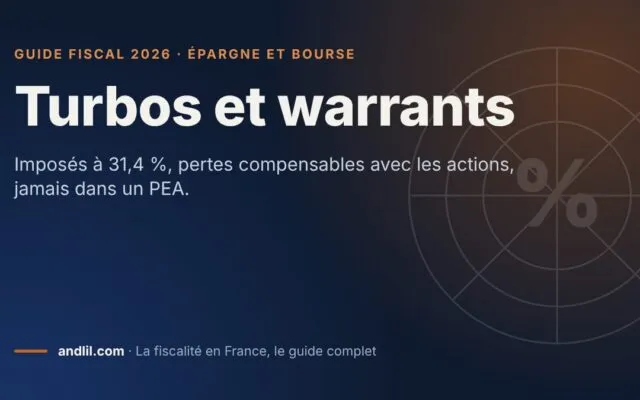 Turbos et warrants, fiche du guide fiscal 2026 d’andlil sur fond bleu nuit