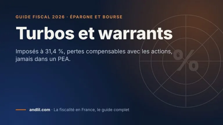 Turbos et warrants, fiche du guide fiscal 2026 d’andlil sur fond bleu nuit